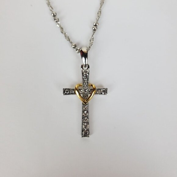 Sterling Silver Rhodium Plated Cross Gold Heart Swarovski Crystals Necklace - Picture 4 of 7